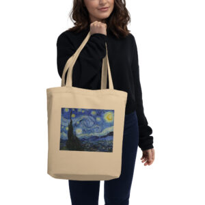 Starry Night by Vincent Van Gogh Say goodbye to plastic, and bag your goodies in this organic cotton Starry Night by Vincent Van Gogh Eco Tote Bag. There’s more than enough room for groceries, books, and anything in between.