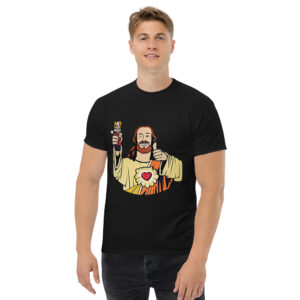 man wearing a t-shirt with Buddy Jesus design