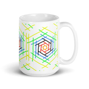 colourful hexagon white glossy mug