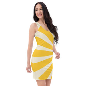A woman wearing a yellow radiant design dress