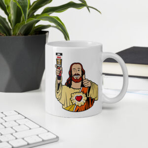 Buddy-Jesus-No-More-Nails-white-glossy-mug on desk